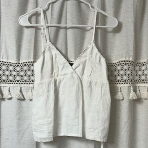 White Linen-Blend Spaghetti Strap V-Neck Top